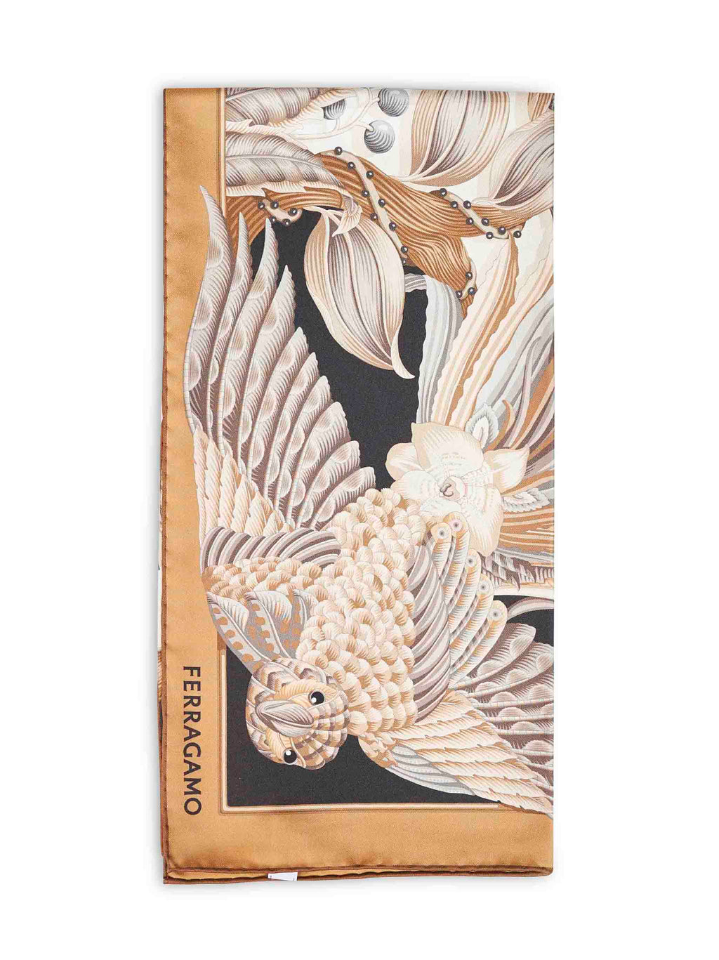 Ferragamo Women Beige And Black Parrots-Print Silk Scarf