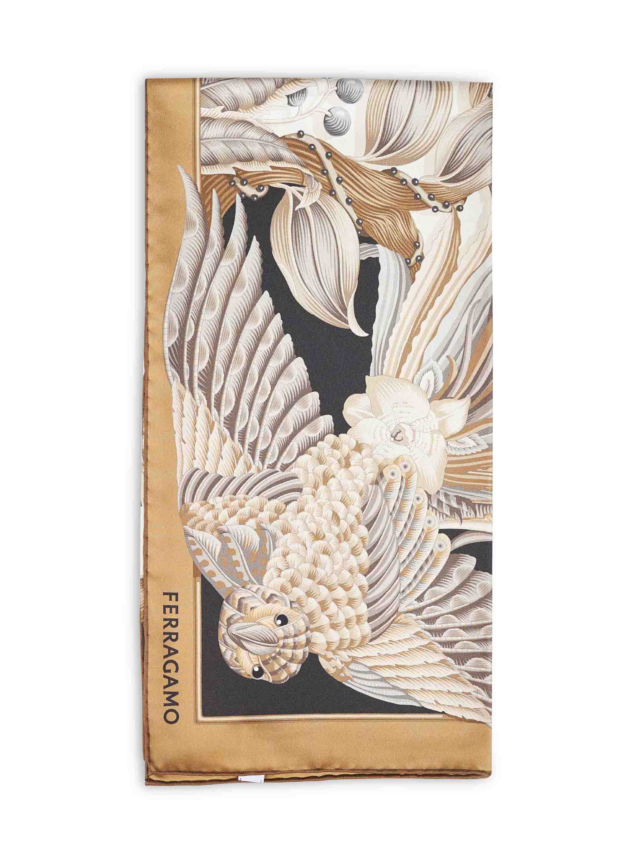 Ferragamo Women Beige And Black Parrots-Print Silk Scarf