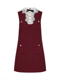 Self Portrait Women Burgundy Crepe Mini Dress With Lace Collar