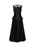 Self Portrait Women Black Taffeta Belted Peplum Midi Dress