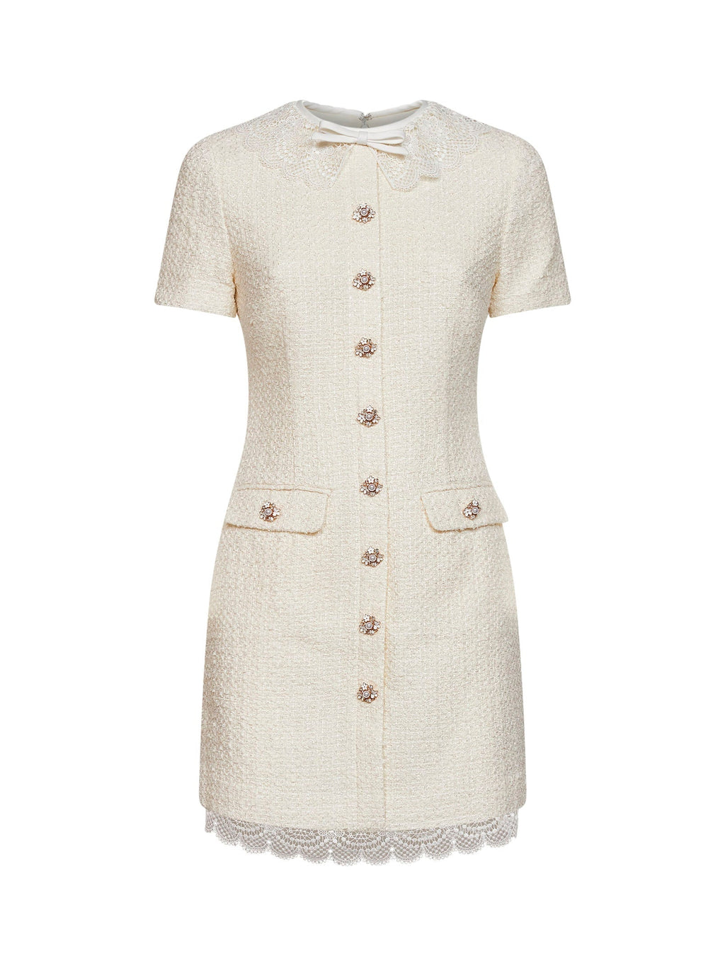 Self Portrait Women Cream Bouclé Tailored Minidress With Lace Inserts