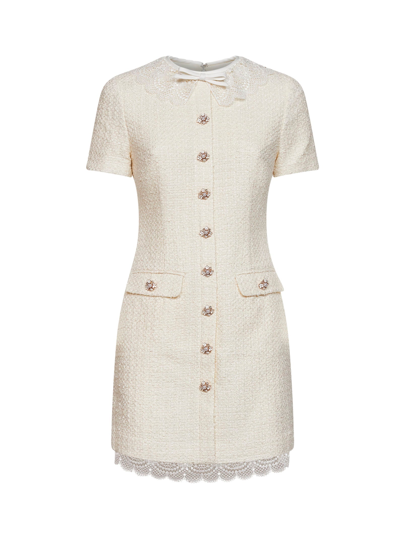 Self Portrait Women Cream Bouclé Tailored Minidress With Lace Inserts