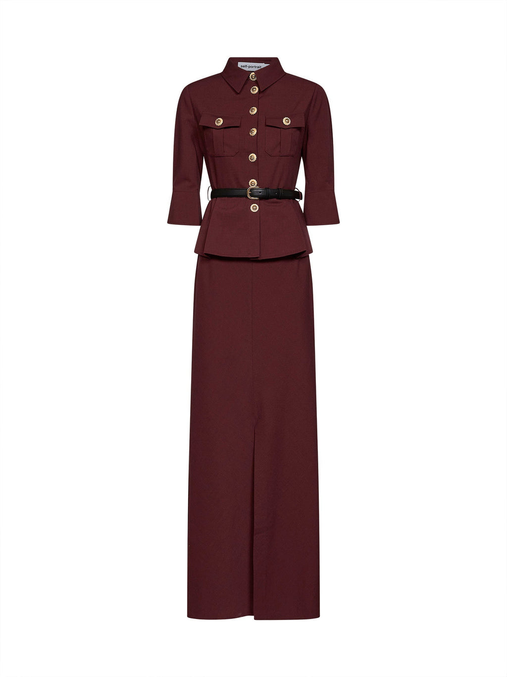 Self Portrait Women Brown Twill Belted Maxi Dress