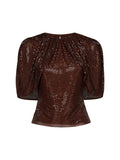 Self Portrait Women Brown Rhinestone-Embellished Tulle Top With Cape Sleeves