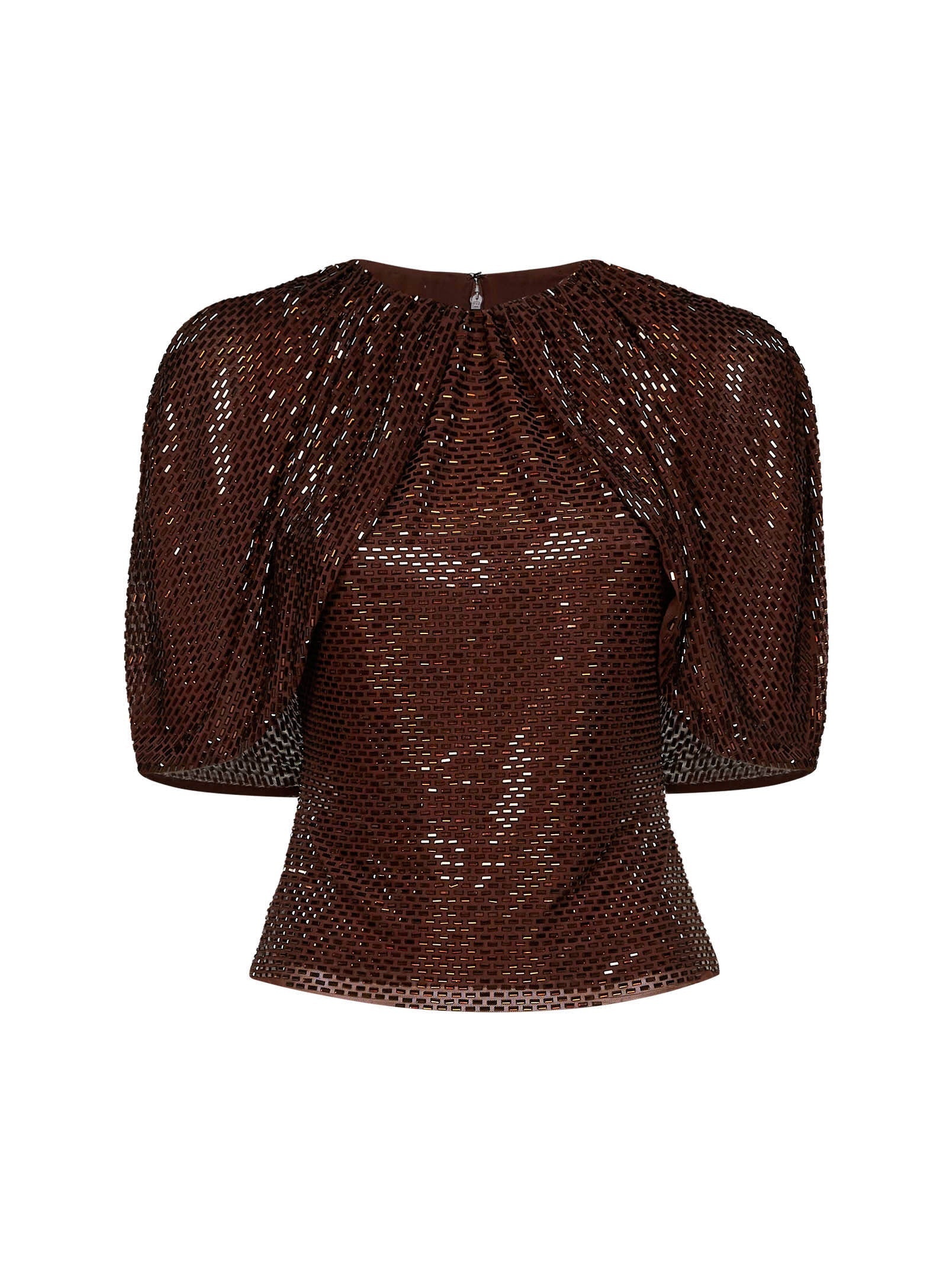 Self Portrait Women Brown Rhinestone-Embellished Tulle Top With Cape Sleeves