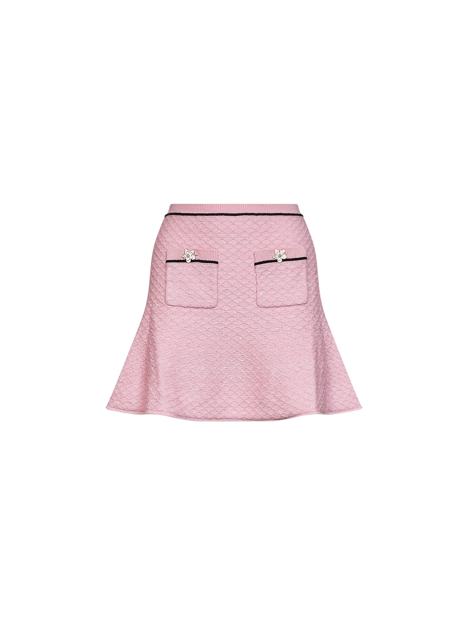 Self Portrait Women Pink Sequin Knit Flared Mini Skirt