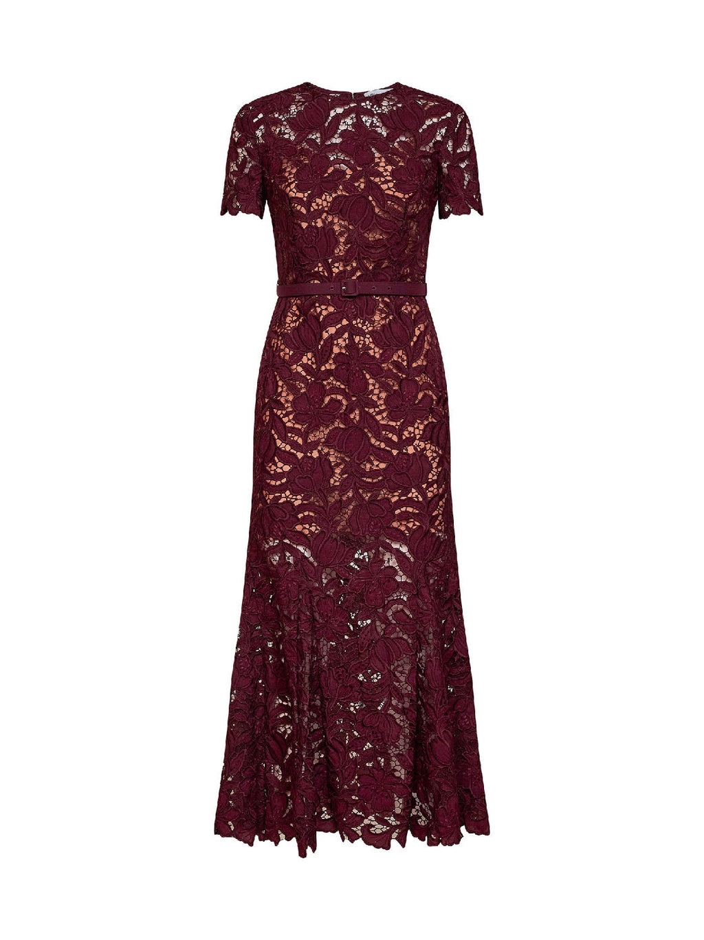 Self Portrait Women Burgundy Macramé Lace Belted Midi Dress