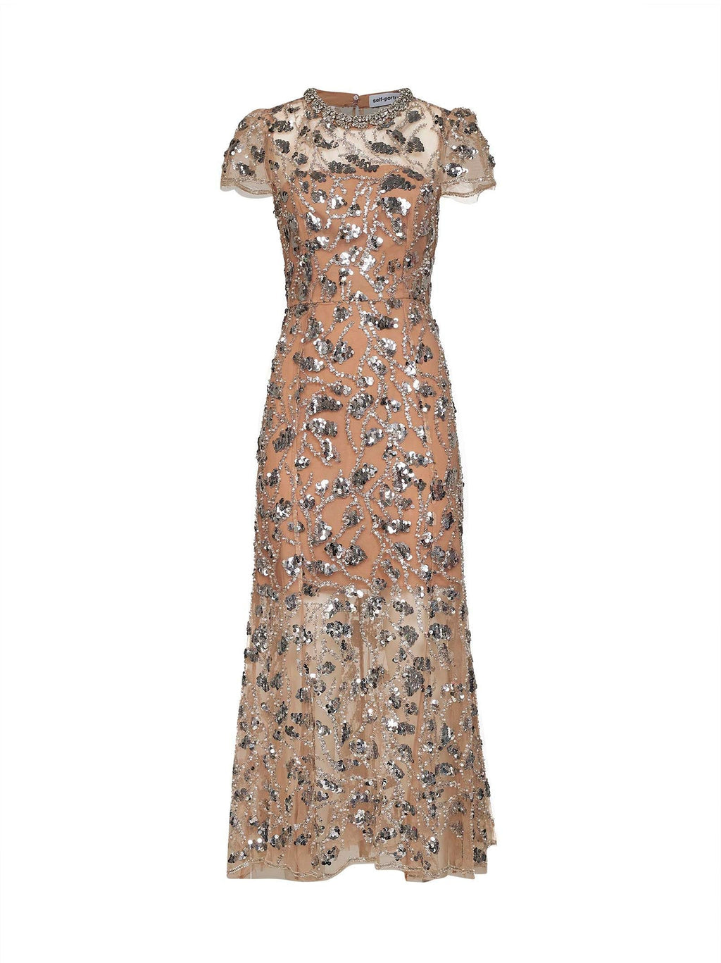 Self Portrait Women Silver Sequin-Embellished Tulle Midi Dress