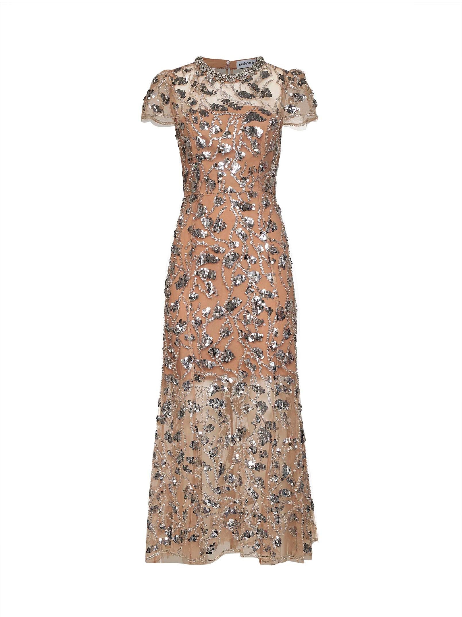 Self Portrait Women Silver Sequin-Embellished Tulle Midi Dress