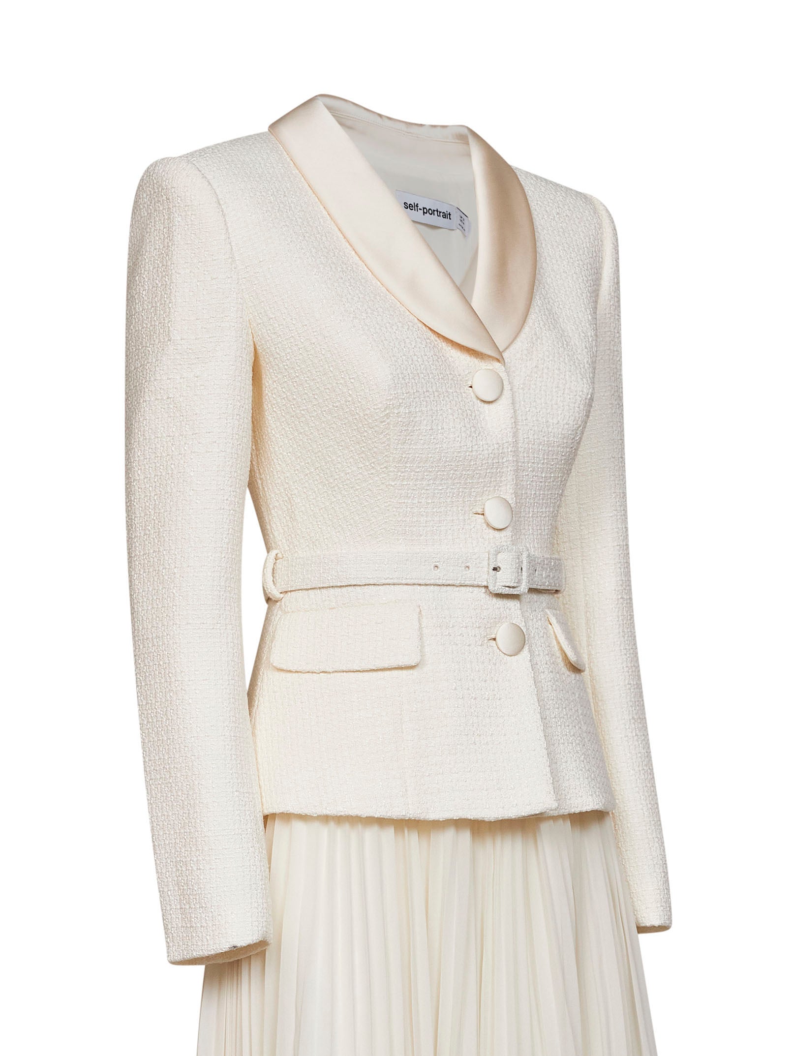 Self Portrait Women Cream Georgette And Bouclé Belted Midi Dress