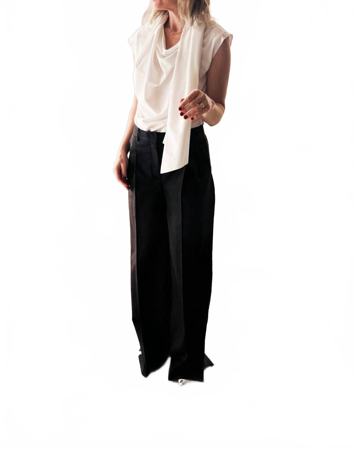 Andora Wide Leg Pants In Dark Brown Pinstripe