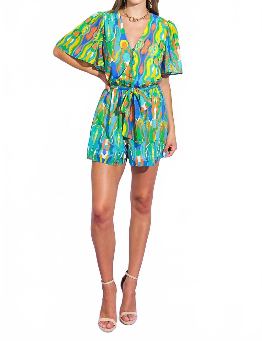Belted Woven Romper In Blue Multi