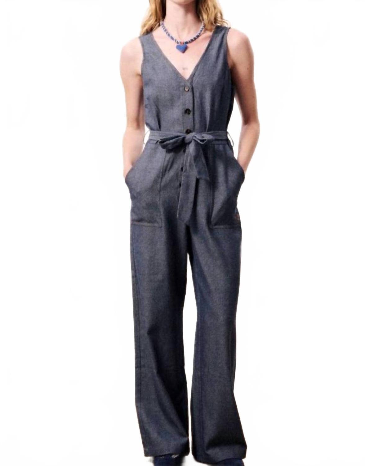 Linen Blend Jumpsuit In Bleu Marine