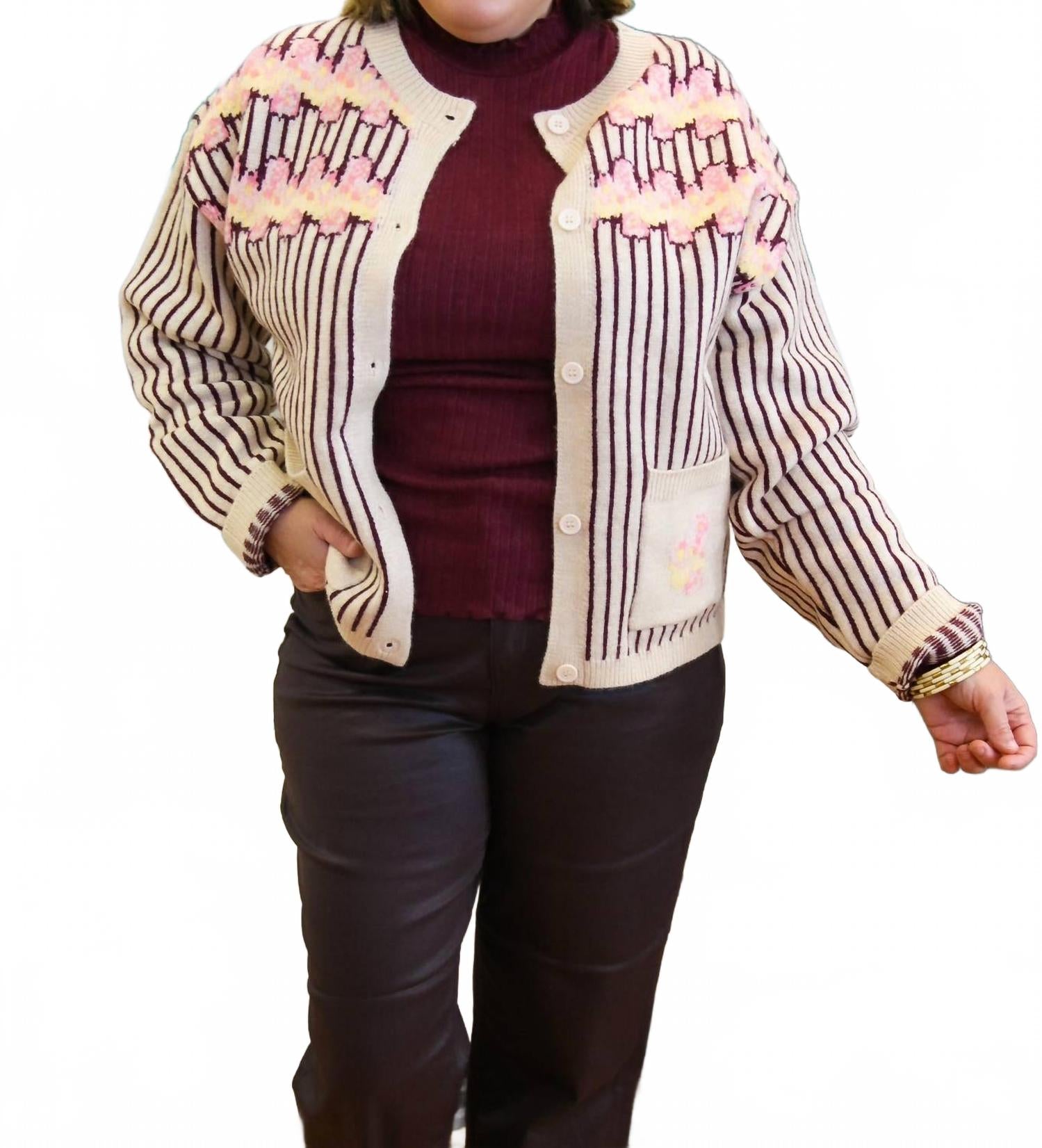 Striped Floral Cardigan In Dark Brown
