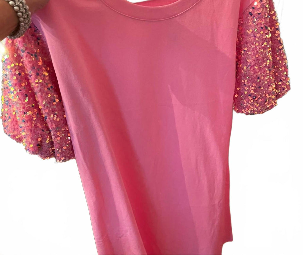 Sequin Sleeve Shirt Dress In Pink