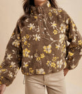 Floral Sherpa Snap Button Pullover In Mocha Mousse