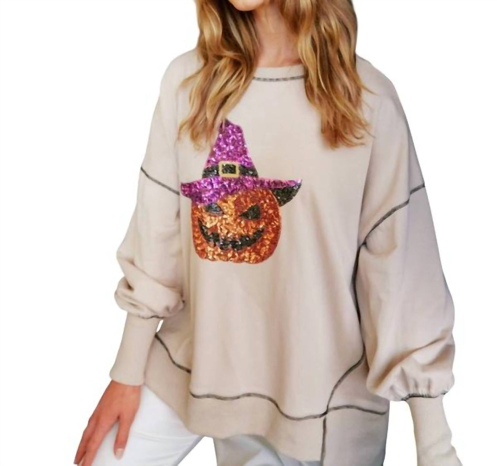 Sequin Halloween Pumpkin Patch Knit Sweatshirt In Tan