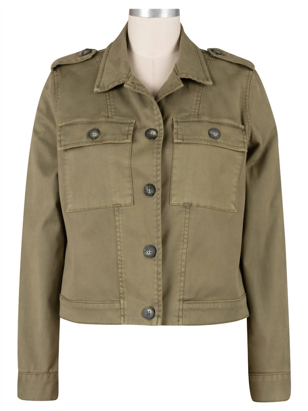 Rosalyn Twill Trucker Jacket With Flap Pockets In Olive