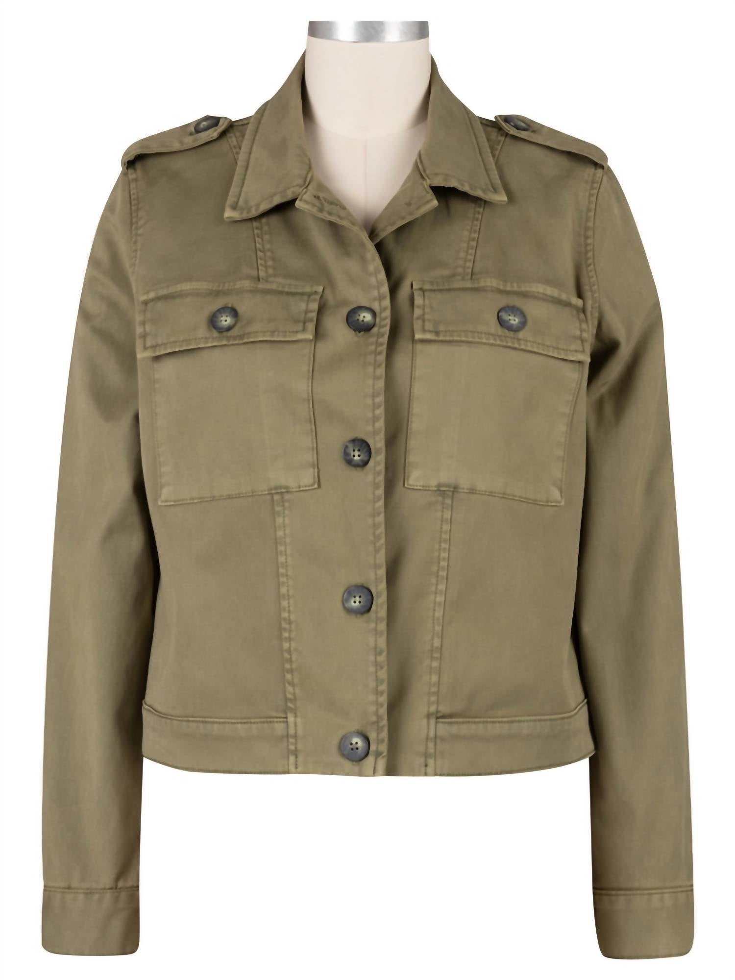 Rosalyn Twill Trucker Jacket With Flap Pockets In Olive