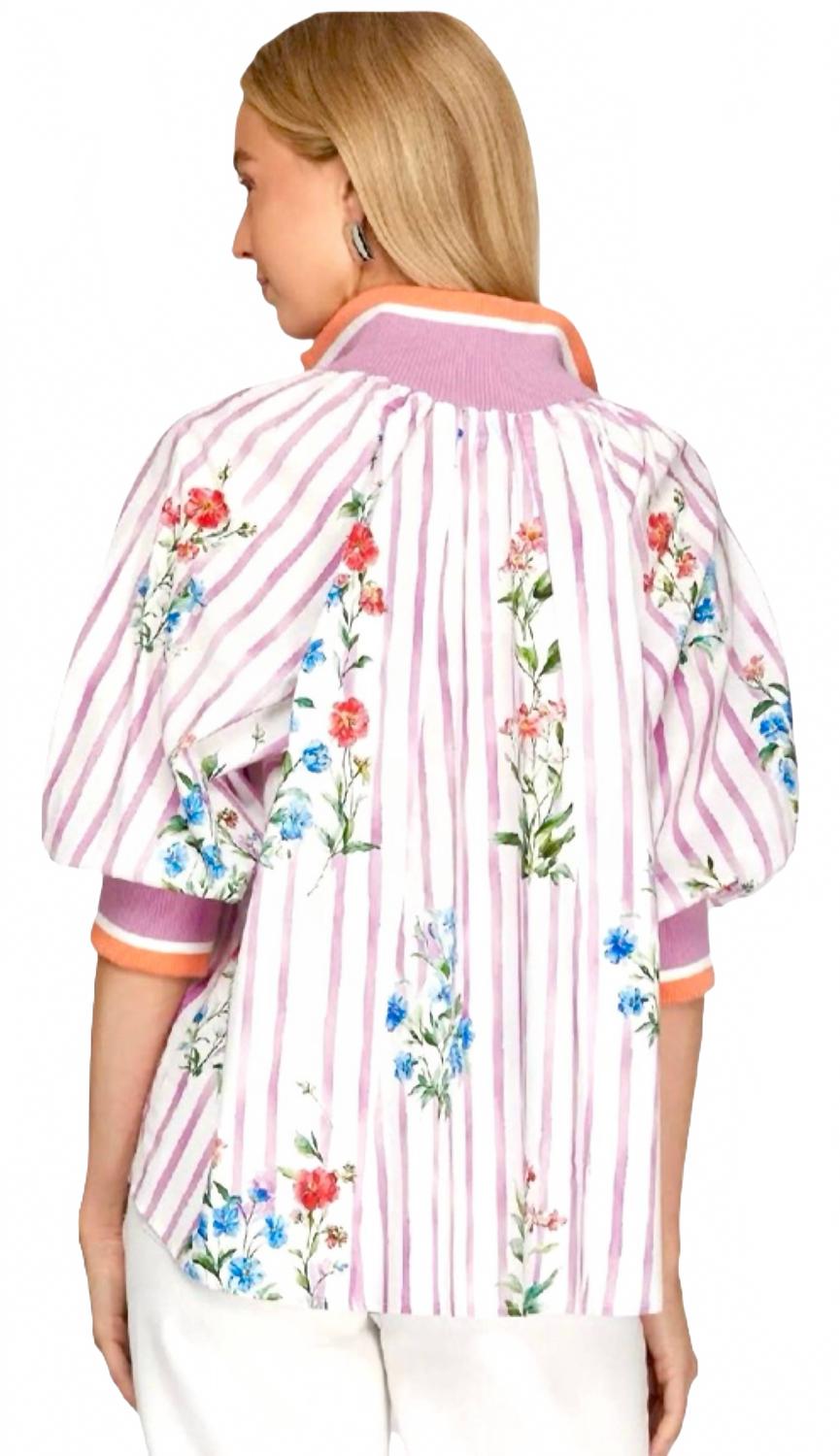 Printed Half Zip Top In Violet Multi