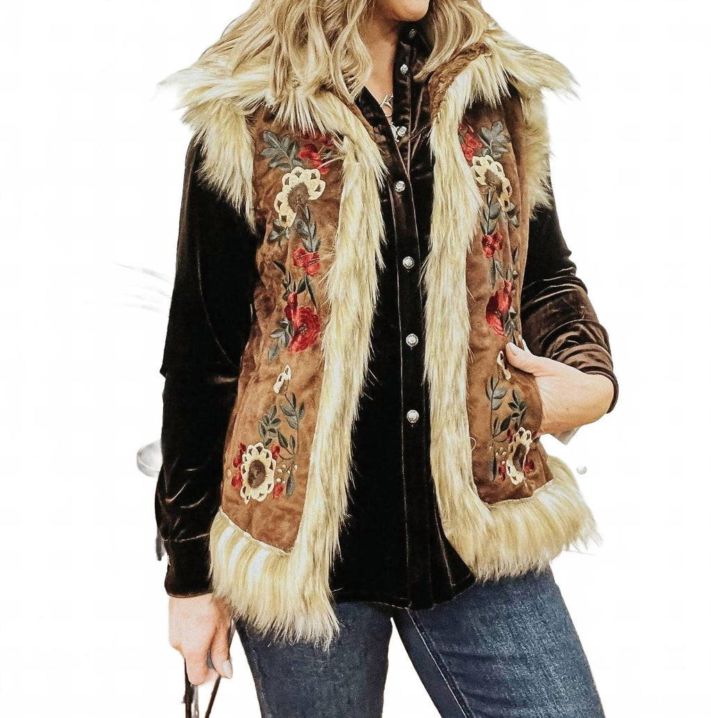 Chateau Embroidered Faux Suede And Fur Vest In Cedar