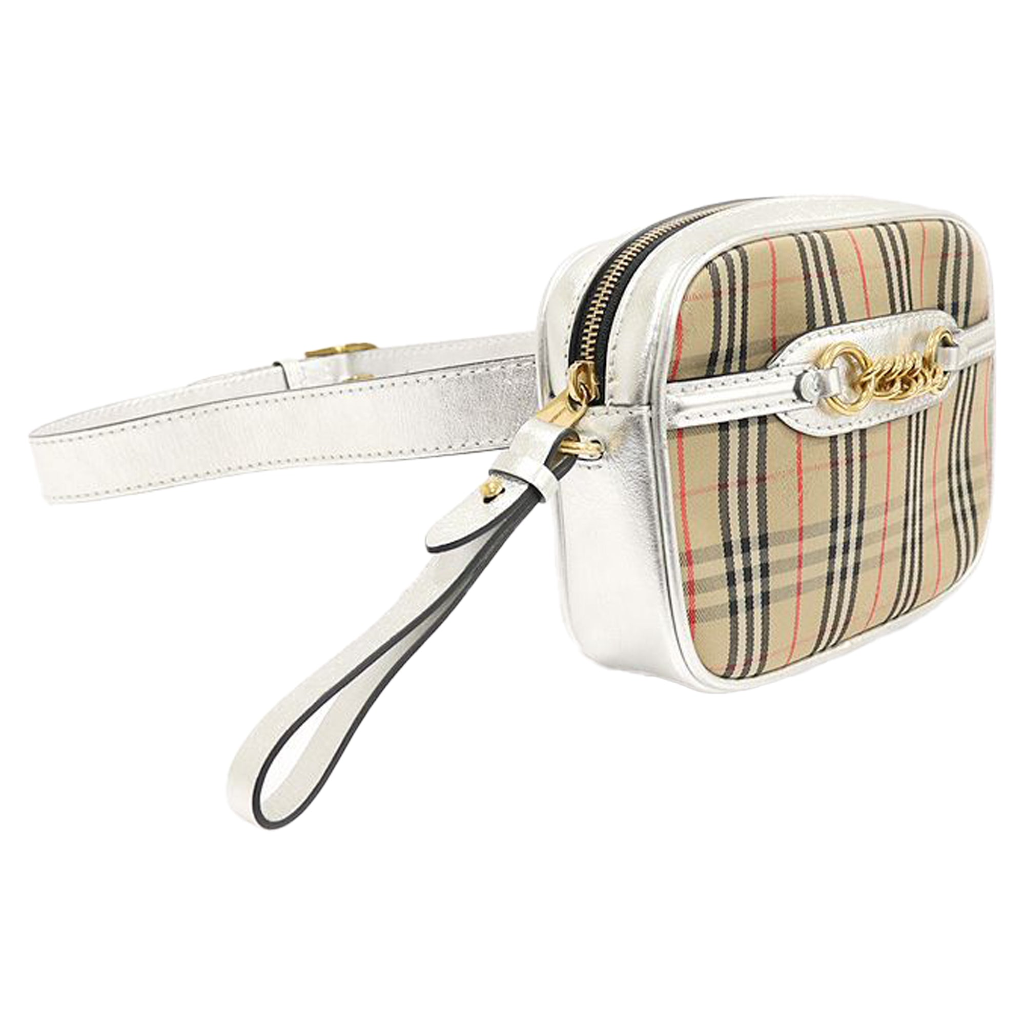 Check Silver Leather Gold-tone Link Belt Bag