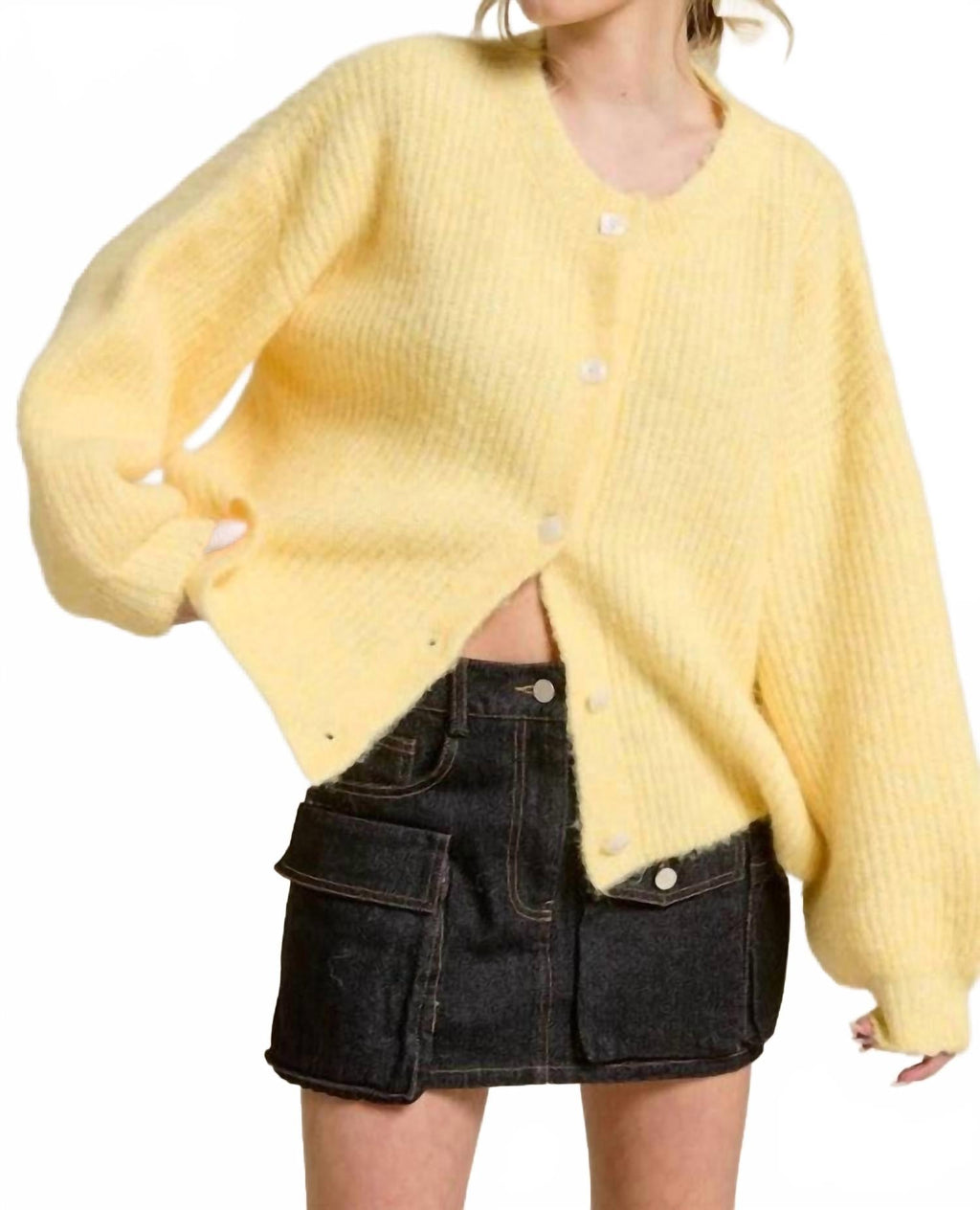 Balloon Sleeve Knit Cardigan In Yellow