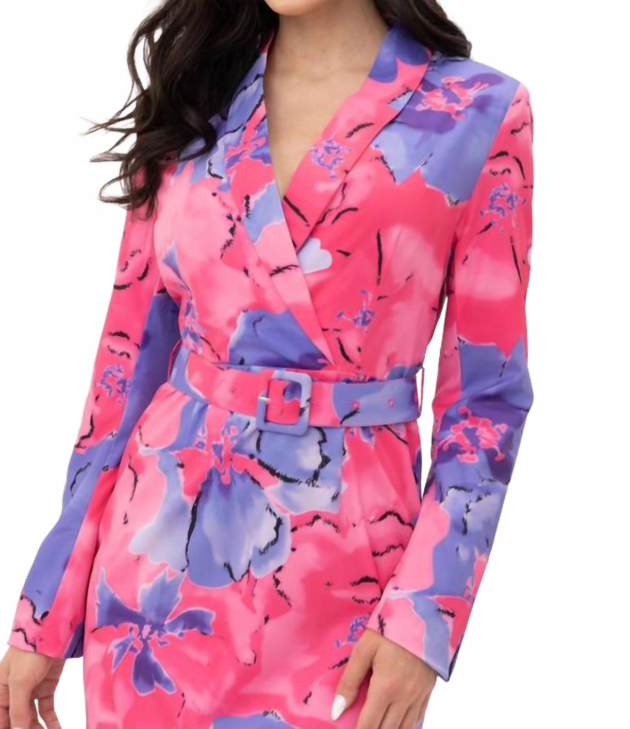 Floral Print Belted Blazer Dress In Fuchsia-Blue