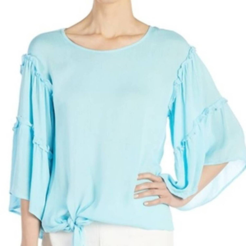 Ruffle Sleeve Tie Front Blouse In Aqua