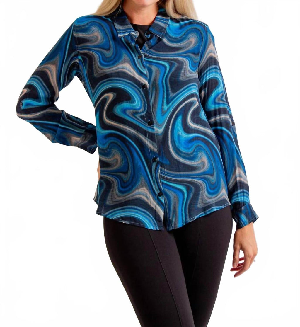 Button Up Roll Up Sleeve Top In Blue Multi