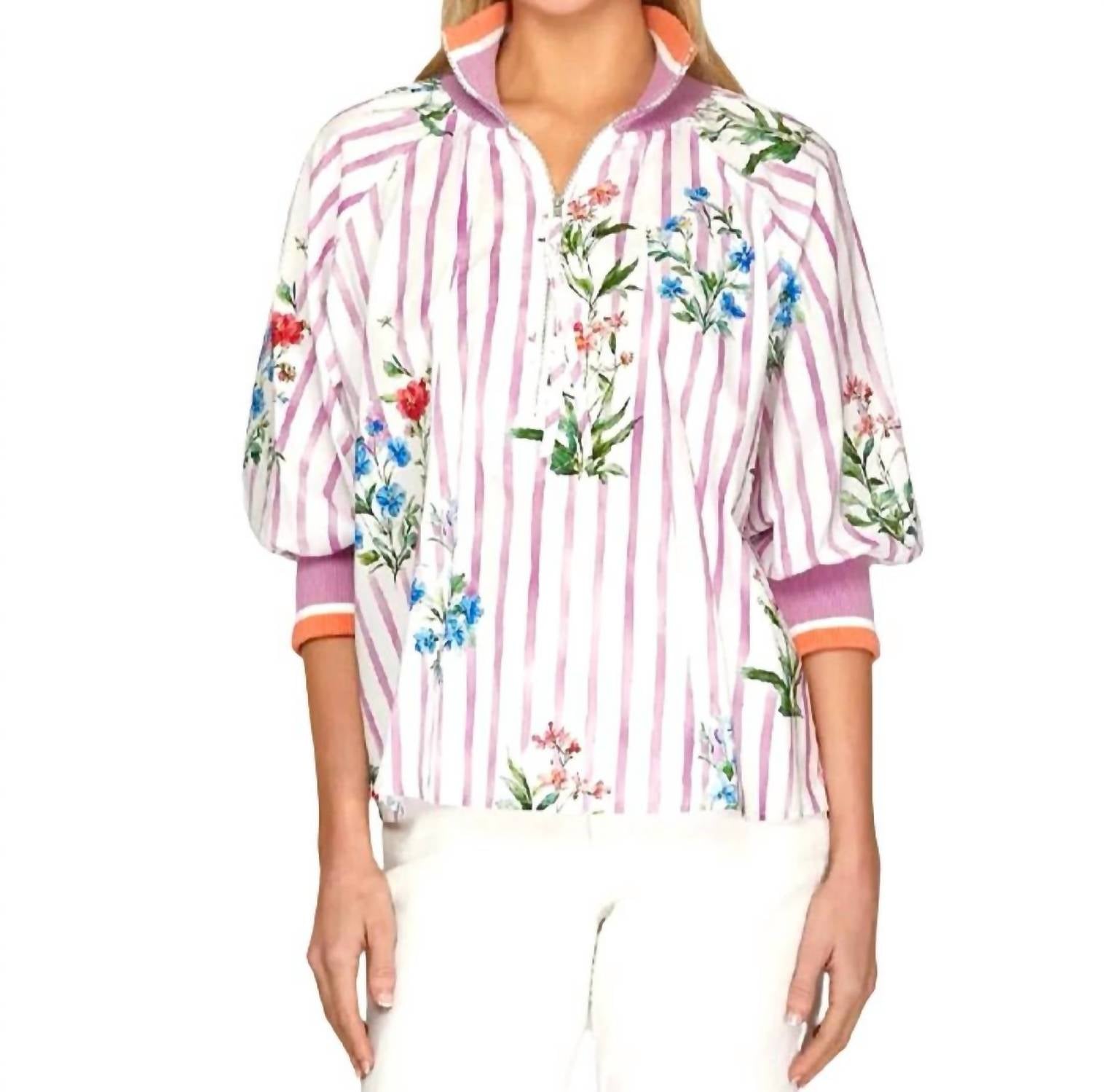 Printed Half Zip Top In Violet Multi