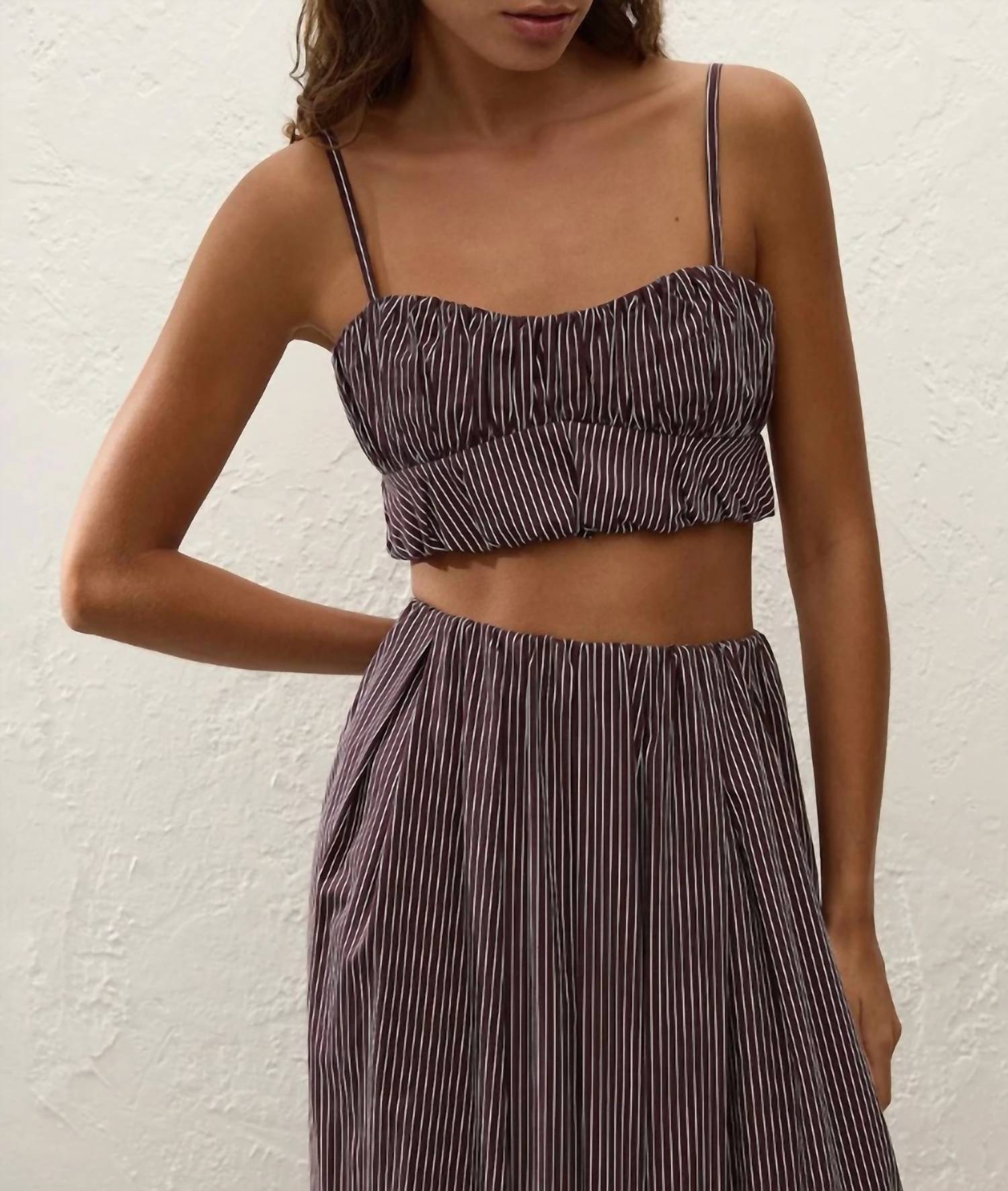 Pelea Top In Chocolate Plum Pinstripe