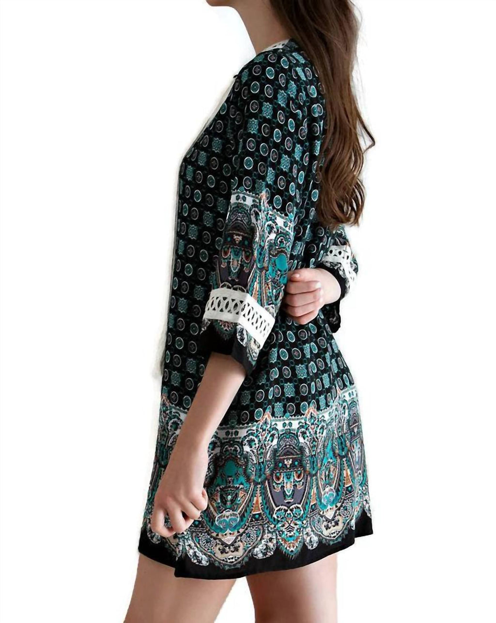 Border Print Tassel Tie Mini Dress In Black
