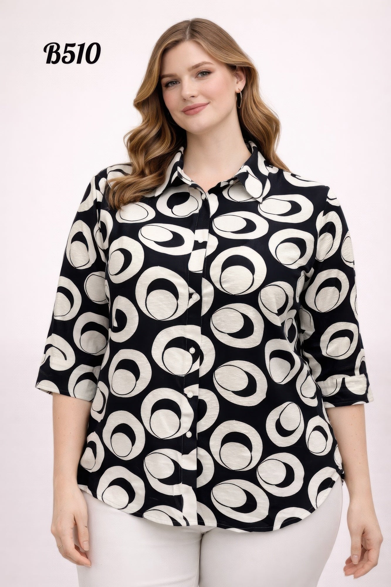 Geo Circle Print 3/4 Sleeve Button-up Shirt