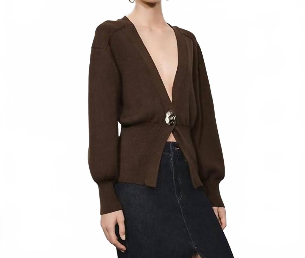 V-Neck Knitted Cardigan In Brown