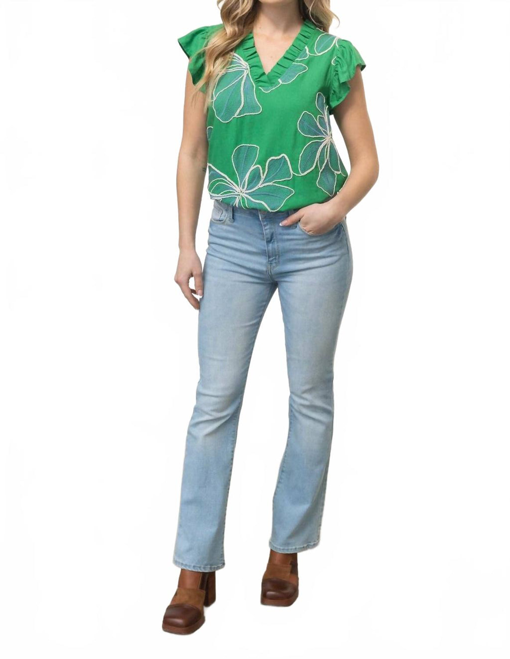 Applique Floral Ruffle Top In Green
