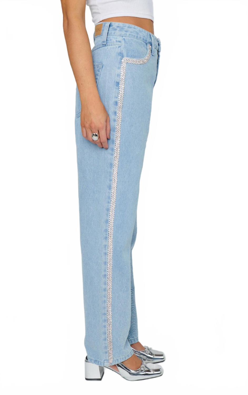 Icon Straight Leg Jeans In Indigo Rhinestone Trim