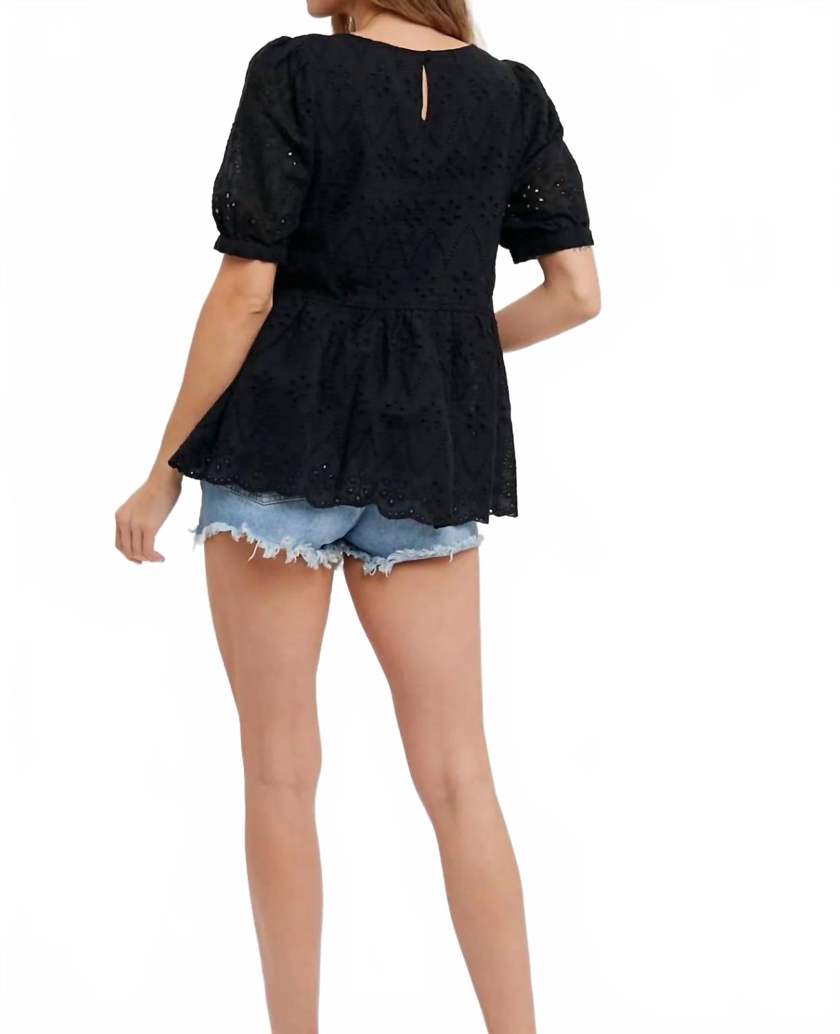 Eyelet Lace Puff Sleeve Peplum Top In Black