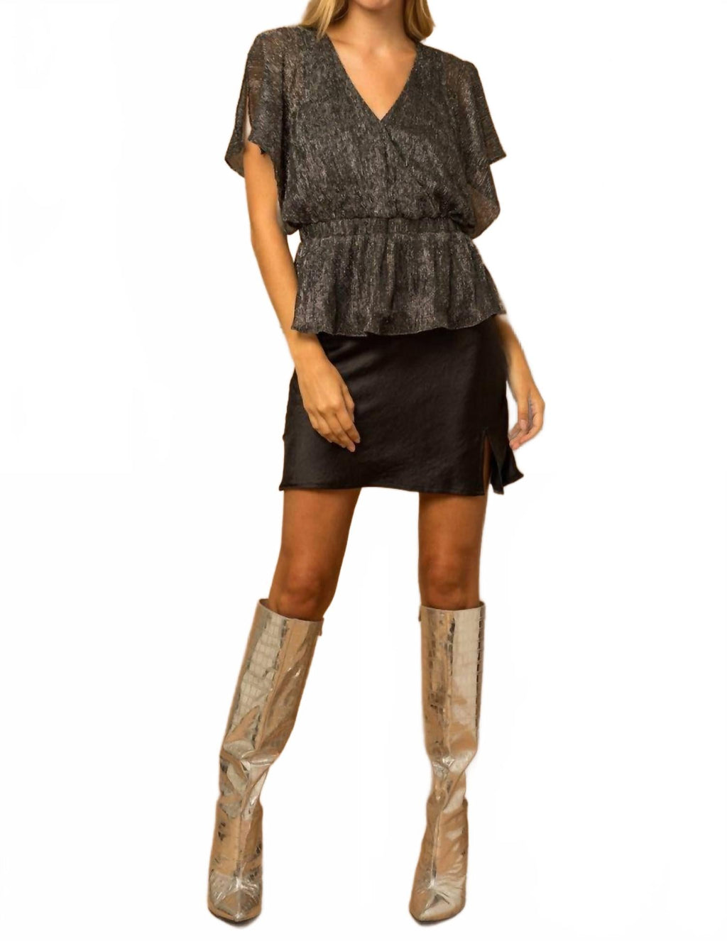 Sparkly Peplum Top In Black/silver