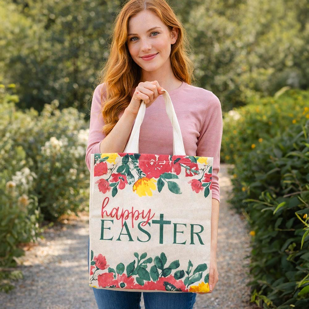 HAPPY EASTER Floral Pattern Print Canvas Shoulder Tote Bag