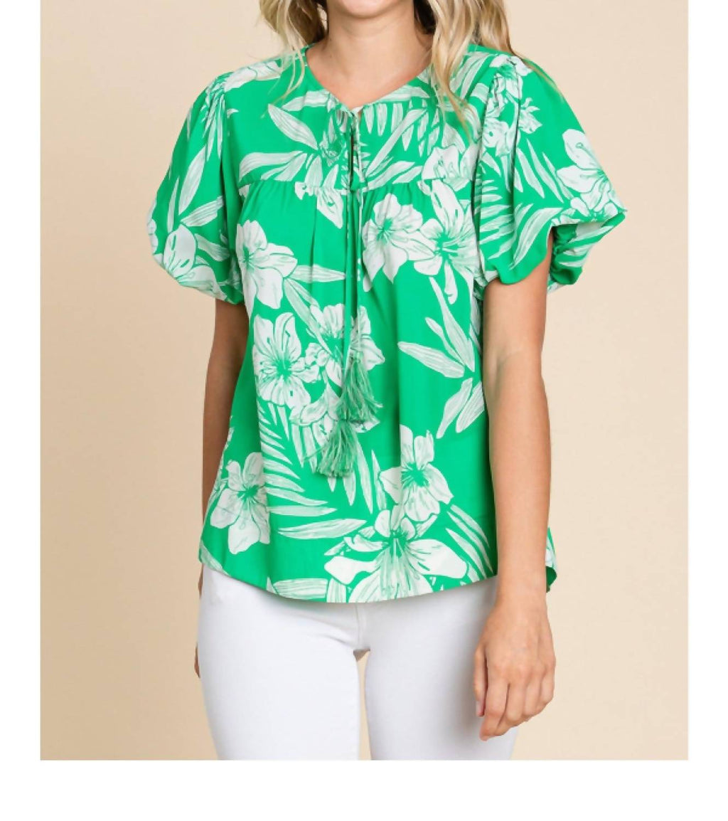 Island Vibes Hawaiian Floral Shirt With Puff Sleeves In Green & White