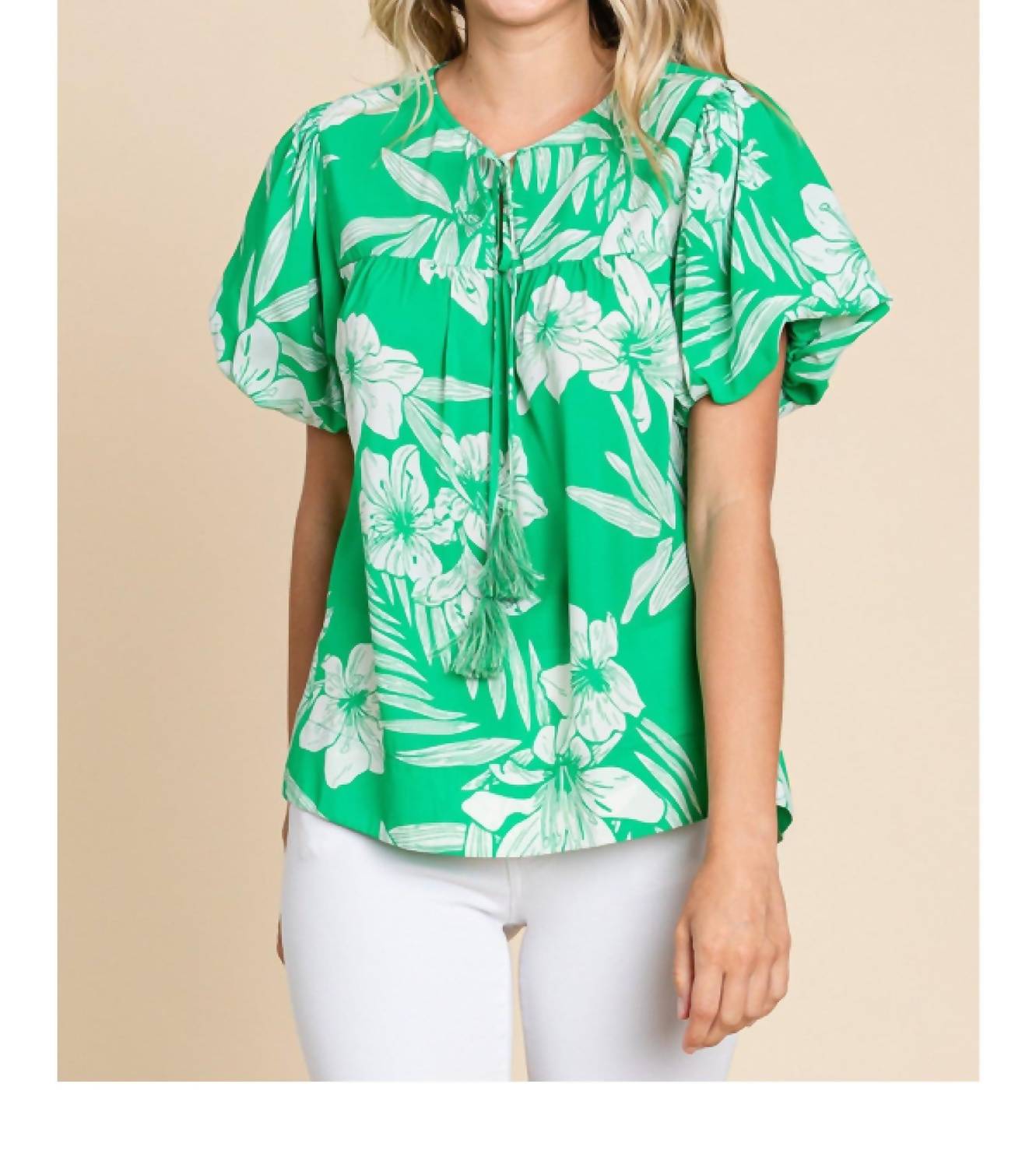 Island Vibes Hawaiian Floral Shirt With Puff Sleeves In Green & White