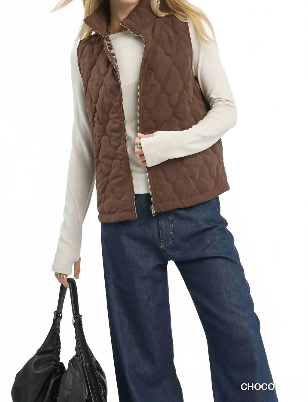 Quilted Zip Up Vest In Chocolate