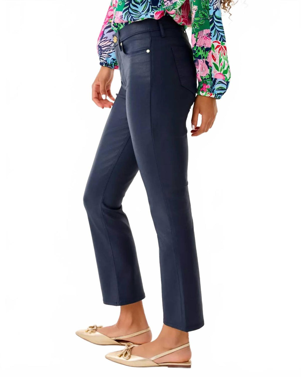 Liza Coated Crop Flare Pants In Low Tide Navy