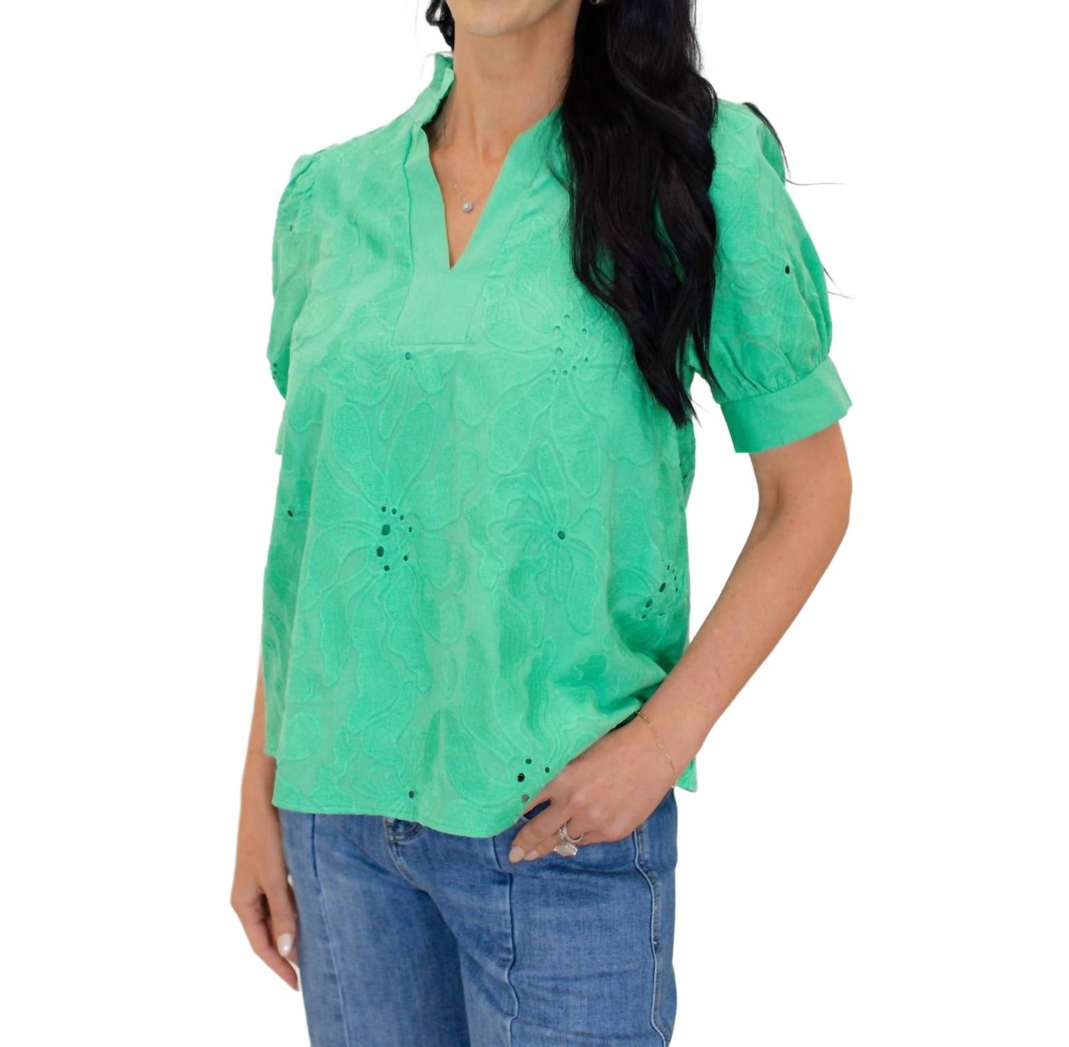 Floral Embroidered V-Neck Puff Sleeve Top In Green