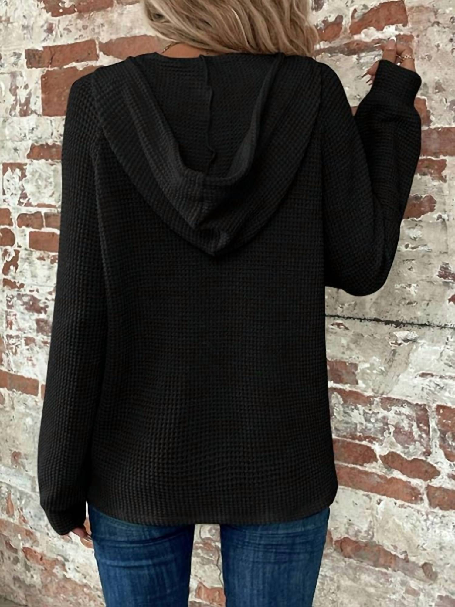 Waffle Button-Up Hoodie Pullover In Black