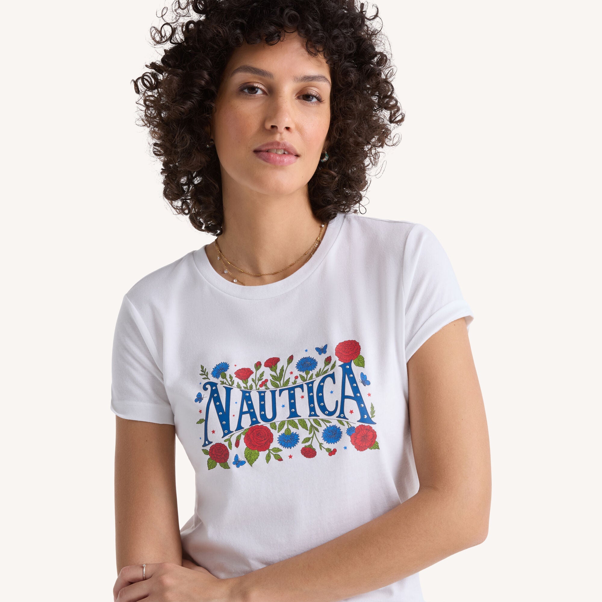 Nautica Womens Americana Floral Studded Graphic T-Shirt