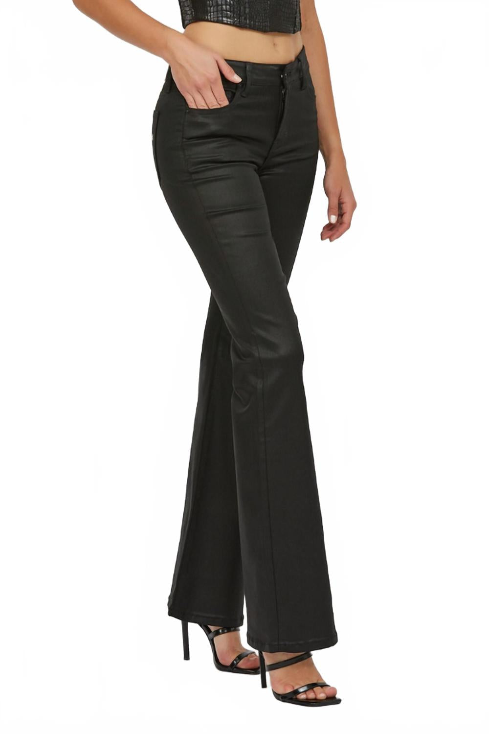 Coated Mid Rise Flare Pants In Black