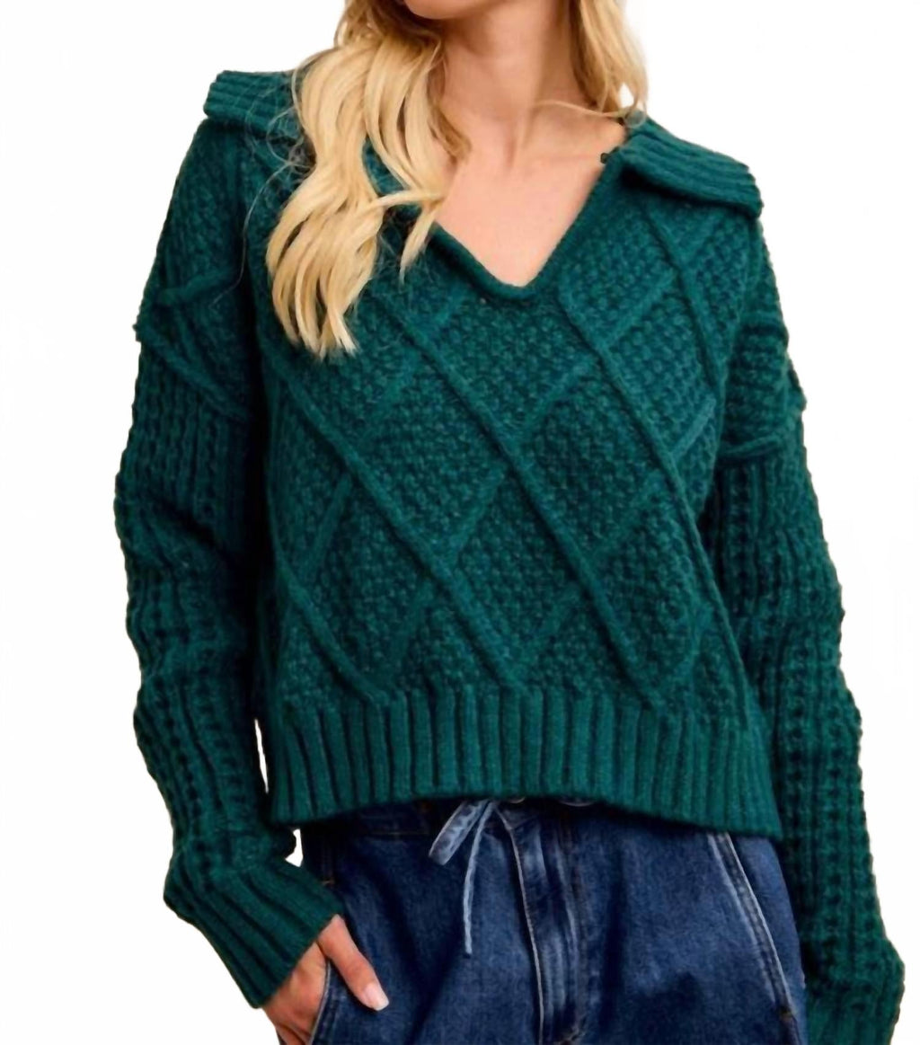 Diamond Patterned Collared Sweater Top In Hunter