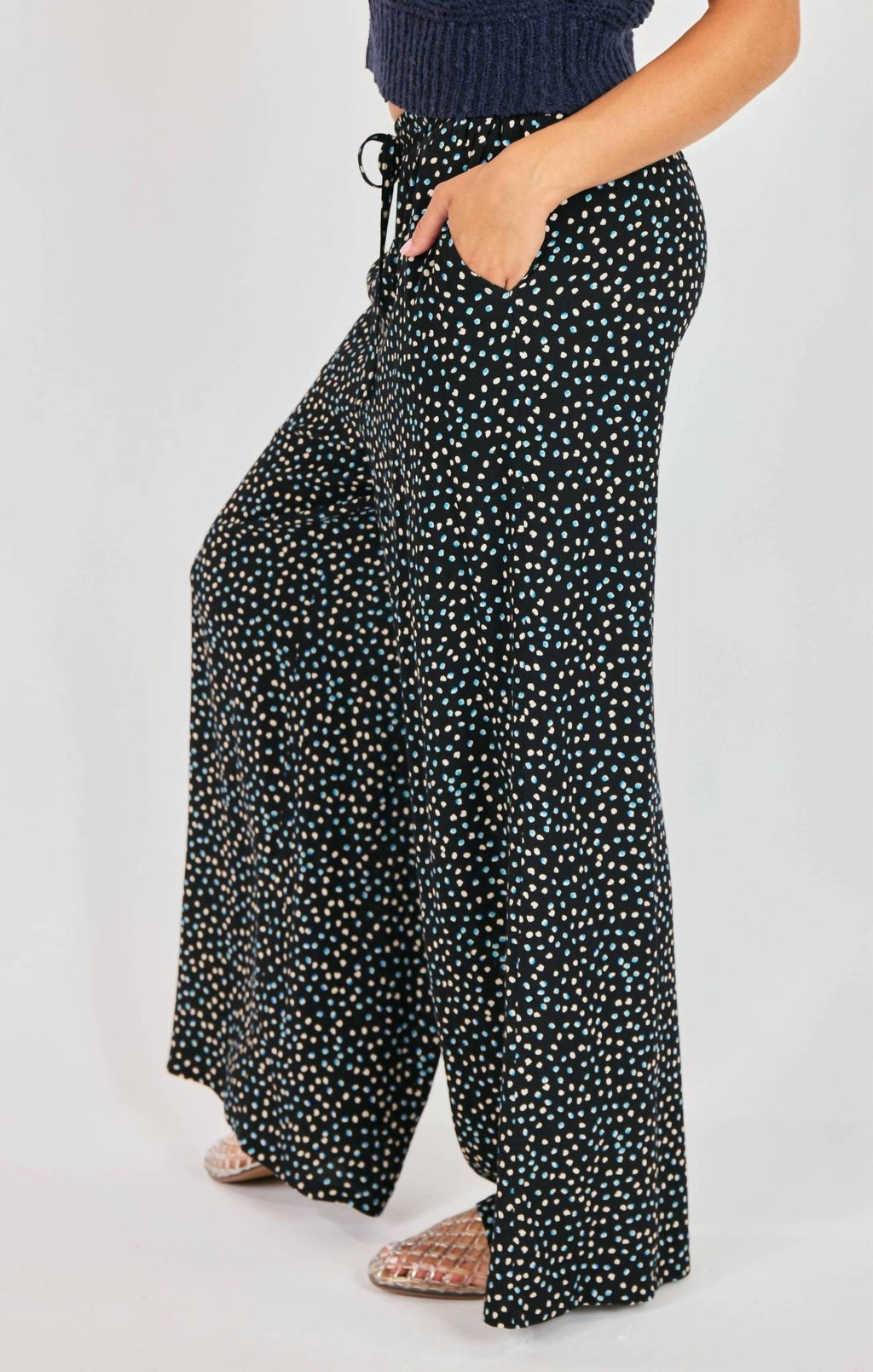 New Romance Wide Leg Polka Dot Drawstring Pants In Blue